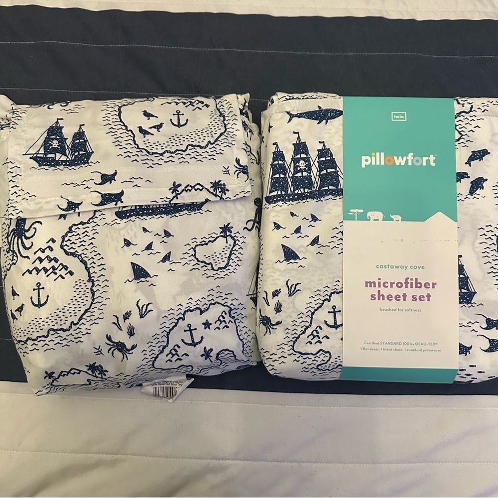 2 Sets Pillowfort Castaway Cove White/Navy Twin Sheet, One In Pack, One Opened
